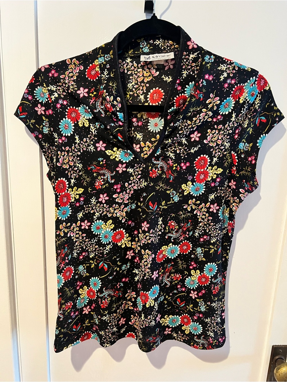 Self Esteem Black Floral Short-Sleeve Top with Red & Turquoise Blooms